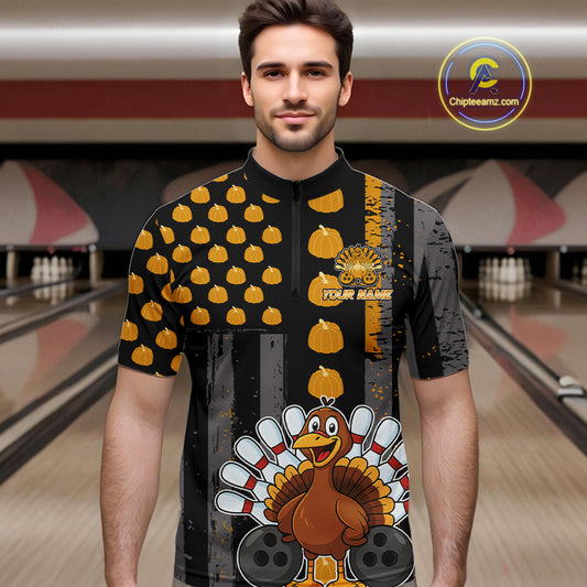 Funny Bowling Shirts For Men Pumpkin American Flag Turkey Thanksgiving Custom Team turkey bowl shirts NQS10943