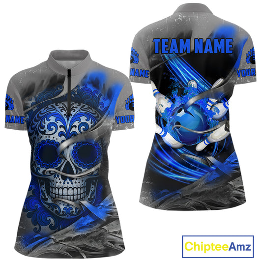 Blue Sugar Skull Tattoo Custom Women Bowling Polo, Quarter Zip Shirts,Team Bowling Jerseys NQS10947