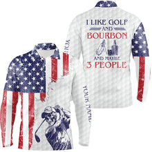 Load image into Gallery viewer, American flag patriotic Mens golf polo shirt custom golf skull I like golf & bourbon & maybe 3 people NQS5392