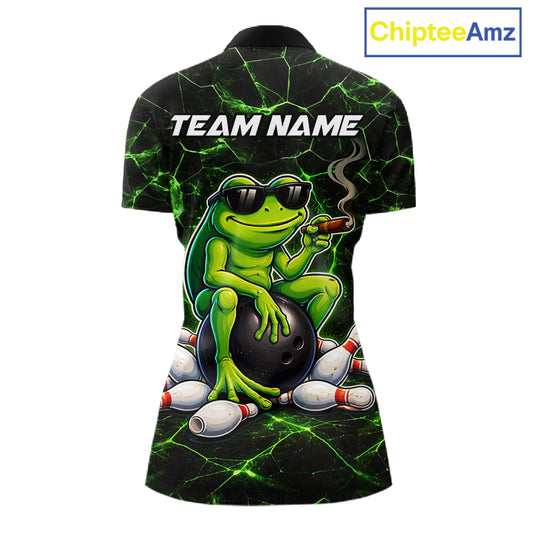 Black & Green Funny Frog Bowling Polo, 1/4 zip Shirt for Women Custom Team Frog Bowling League Jersey NQS11583
