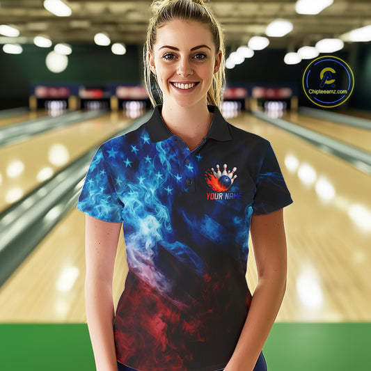 Smoke American Flag Eagle Bowling Shirts For Women Custom patriotic Bowling Team Polo, 1/4 zip Jersey NQS11179