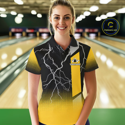 Personalized black & yellow bowling shirt for women lightning thunder custom bowling gifts for ladies NQS11377