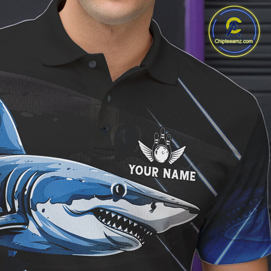 Black and blue shark bowling shirt for men custom lightning thunder bowling polo, quarter zip shirts NQS11378
