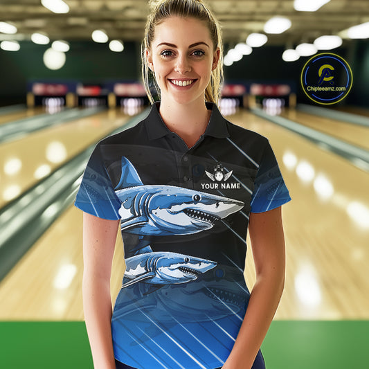 Black and blue shark bowling shirt for women custom lightning thunder bowling polo, quarter zip shirt NQS11378