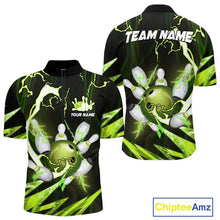 Load image into Gallery viewer, Green Thunder Lightning bowling ball and pins jerseys Custom Team Bowling Polo, 1/4 Zip Shirts For Men NQS9832