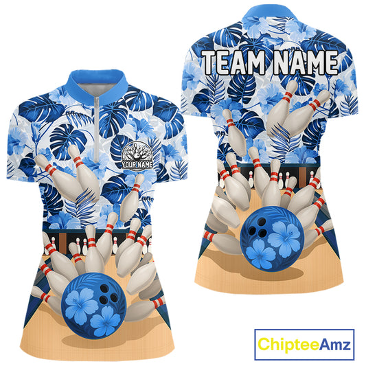 Blue tropical flower Bowling Polo, Quarter Zip Shirts For Women Custom bowling team jersey NQS10988
