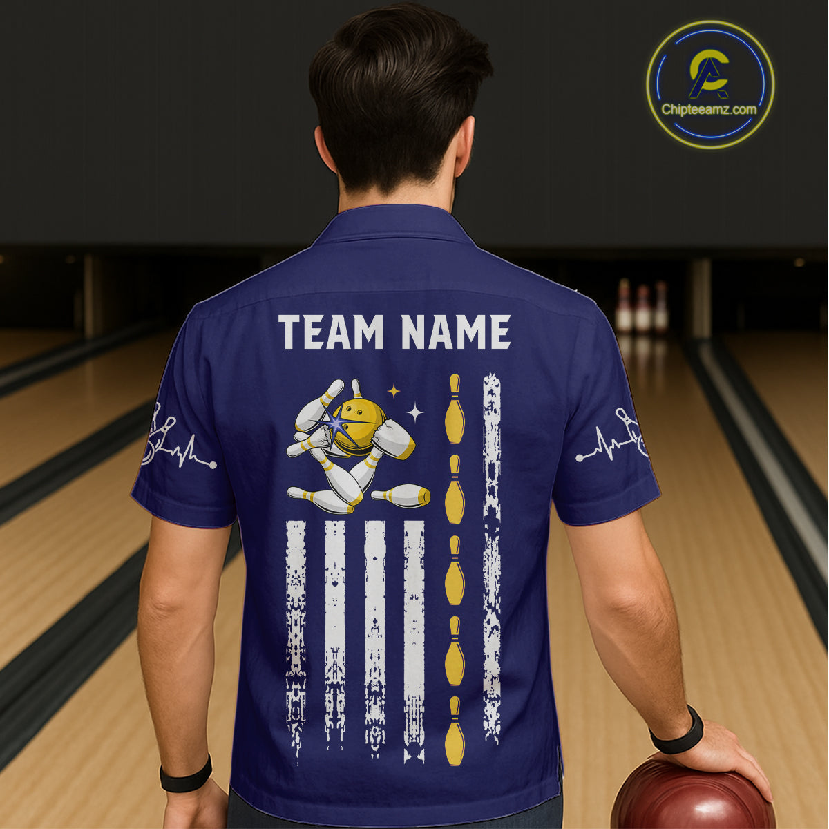 Yellow and Navy Blue Retro American Flag Bowling Hawaiian Shirt Custom Patriotic Bowling Team Jersey NQS11214