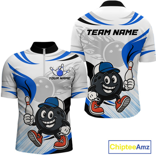 Blue and White Funny Bowling Shirts For Men Custom Team Bowling Polo, 1/4 Zip Jerseys NQS11103