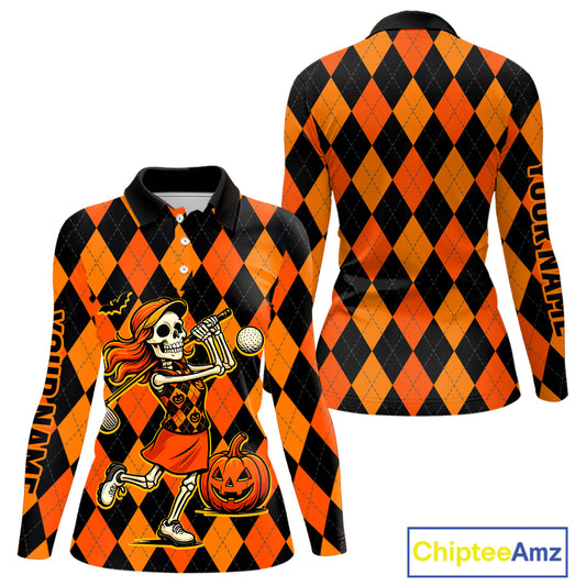 Funny Women golf polo shirt custom orange and black argyle plaid Halloween Skull ladies golf attire NQS10355
