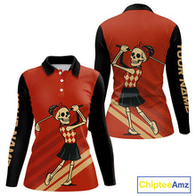 Load image into Gallery viewer, Funny argyle pattern Skull Golf Polo Shirts for Women Custom ladies golf attire, cool golf gift | Red NQS10251