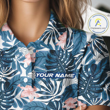 Load image into Gallery viewer, Blue tropical leaf pattern pink flower funny Golf polo shirts for Women Custom ladies golf outfits NQS10119
