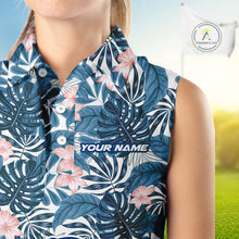 Load image into Gallery viewer, Blue tropical leaf pattern pink flower funny Sleeveless Golf polo shirts Custom ladies golf outfits NQS10119