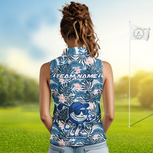 Load image into Gallery viewer, Blue tropical leaf pattern pink flower funny Sleeveless Golf polo shirts Custom ladies golf outfits NQS10119