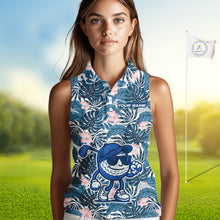 Load image into Gallery viewer, Blue tropical leaf pattern pink flower funny Sleeveless Golf polo shirts Custom ladies golf outfits NQS10119