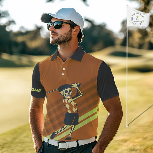 Funny argyle pattern Skull Golf Polo Shirts for men Custom mens golf attire, cool golf gifts | Orange NQS10656