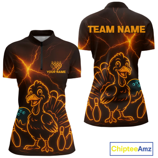 Orange Lightning Thunder Turkey Bowling Shirts For Women Custom Thanksgiving Team Bowling Jerseys NQS10682