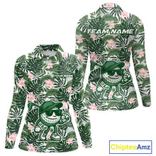 Load image into Gallery viewer, Green tropical leaf pattern pink flower funny Golf polo shirts for Women Custom ladies golf outfits NQS10023