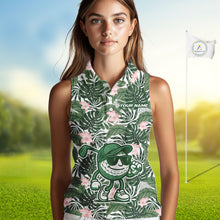 Load image into Gallery viewer, Green tropical leaf pattern pink flower funny Sleeveless Golf polo shirts Custom ladies golf outfits NQS10023