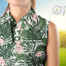Load image into Gallery viewer, Green tropical leaf pattern pink flower funny Sleeveless Golf polo shirts Custom ladies golf outfits NQS10023