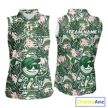 Load image into Gallery viewer, Green tropical leaf pattern pink flower funny Sleeveless Golf polo shirts Custom ladies golf outfits NQS10023