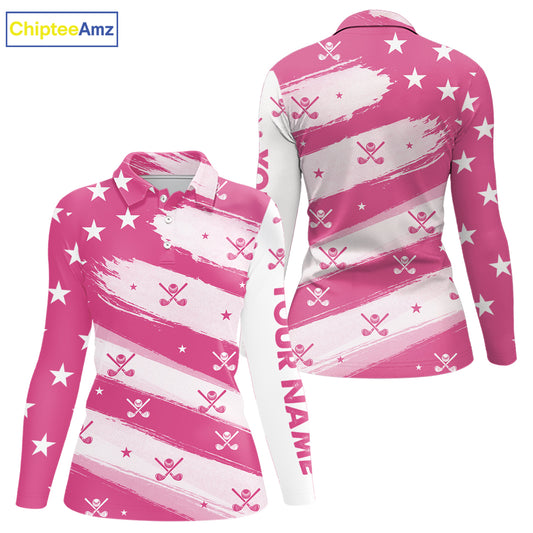 Pink American Flag Women golf polo shirt custom patriotic golf outfits ladies, cool golf gifts NQS10092
