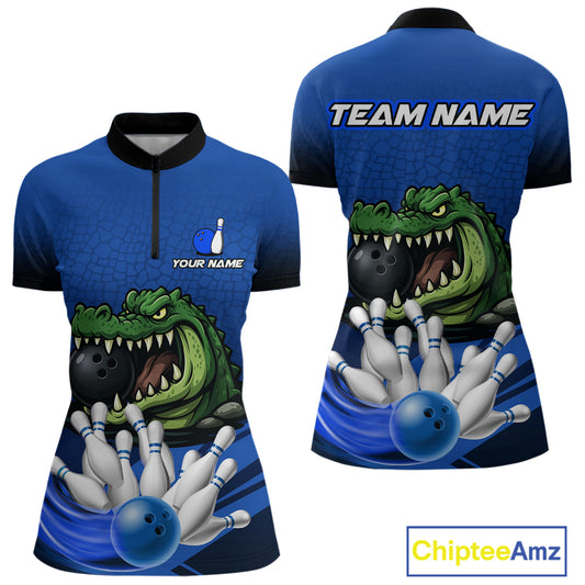 Funny Blue Alligator Bowling Polo, Quarter Zip shirts for Women Custom Team bowling league jersey NQS10630