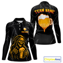 Load image into Gallery viewer, Golf and beer Women golf polo shirt Custom black and gold skull ladies golf attire Halloween outfit NQS10519