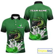 Load image into Gallery viewer, Funny Green Alligator Bowling Polo, Quarter Zip shirts for Men Custom Team bowling league jersey NQS10588