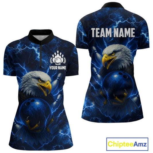 Womens bowling shirts Custom Eagle blue lightning thunder Bowling Team Jersey, gift for Bowlers NQS10336