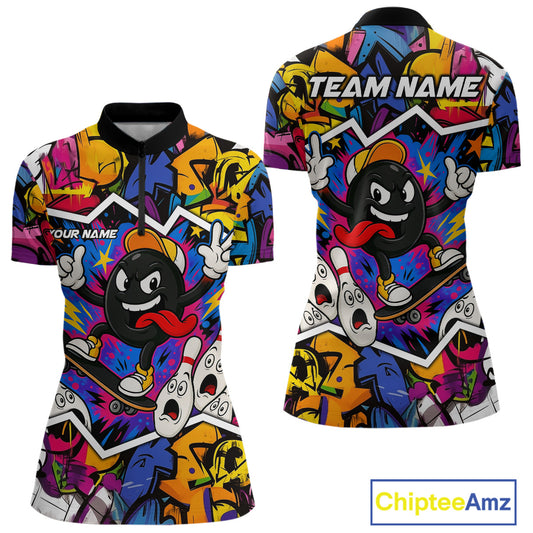 Colorful graffiti pattern Funny Bowling polo, quarter zip shirts for Women custom Bowling team jersey NQS10389