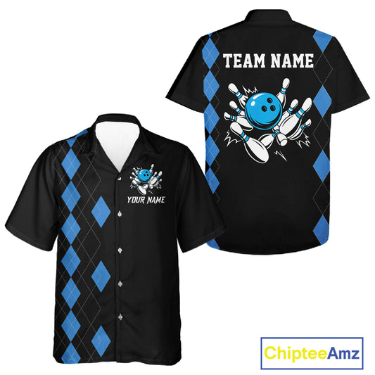 Black and Blue argyle Hawaiian bowling shirts custom team bowling jerseys button up bowling shirts NQS11404