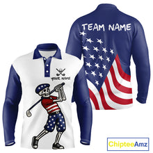 Load image into Gallery viewer, Red, White and Blue American Flag Skull Golf polo shirts for men custom patriotic golf top for men NQS10851