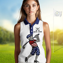 Load image into Gallery viewer, Red, White and Blue American Flag Skull Sleeveless Golf polo shirt custom patriotic ladies golf top NQS10851