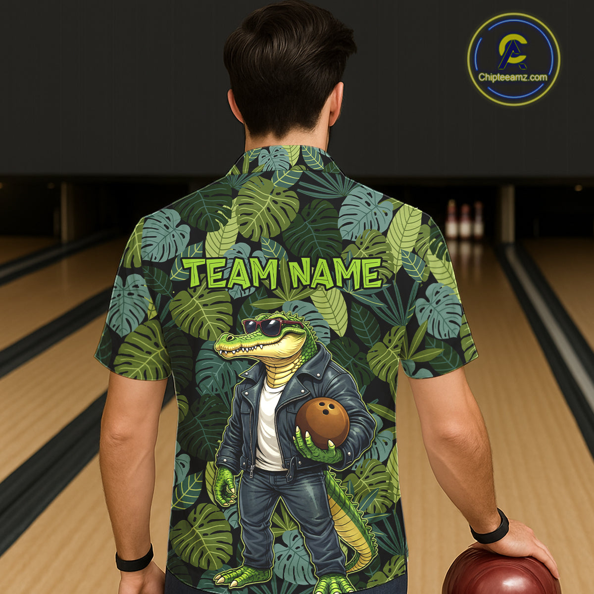 Green tropical leaf pattern Funny Alligator Bowling Hawaiian Shirt Custom Bowling Team Jerseys NQS11744