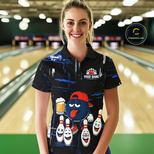 Custom Black And Blue Funny Beer Bowling Women Polo, Quarter Zip Shirts, funny bowling shirts NQS11488