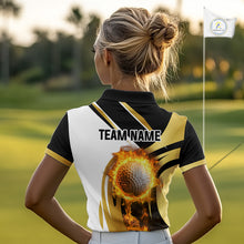Load image into Gallery viewer, Black & White Gold Flame Women Golf Polo Shirts custom team ladies golf attire, gift for golf lovers NQS10905