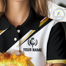 Load image into Gallery viewer, Black & White Gold Flame Women Golf Polo Shirts custom team ladies golf attire, gift for golf lovers NQS10905