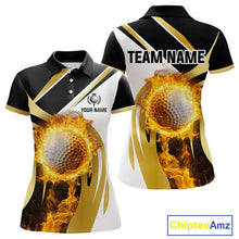 Load image into Gallery viewer, Black & White Gold Flame Women Golf Polo Shirts custom team ladies golf attire, gift for golf lovers NQS10905