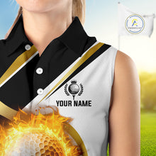Load image into Gallery viewer, Black & White Gold Flame Women Sleeveless Polo Shirt custom team ladies golf attire, golf gifts NQS10905