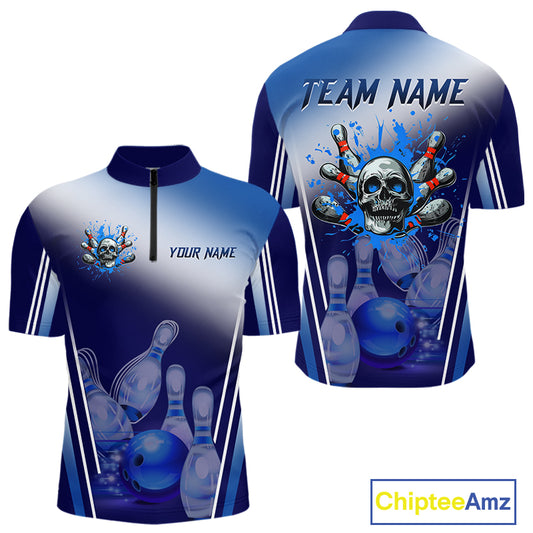 Personalized Blue Gradient Skull Bowling Shirts For Men Custom Bowling Team Jerseys Gift For Bowlers NQS11138