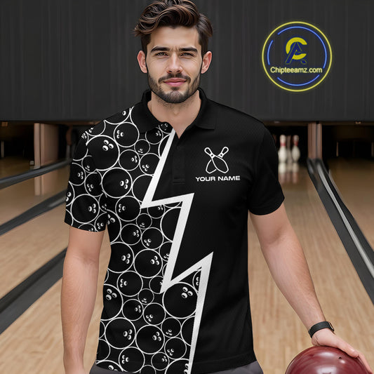Black & White Lightning Camo Bowling Polo, Quarter Zip Shirt For Men Custom Team Bowling Jersey NQS10854