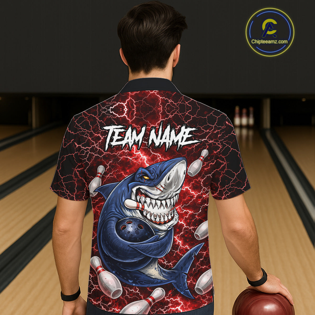 Red Lightning Thunder Angry Shark Bowling button-up shirts Custom Shark Hawaiian Bowling Team Jersey NQS11756