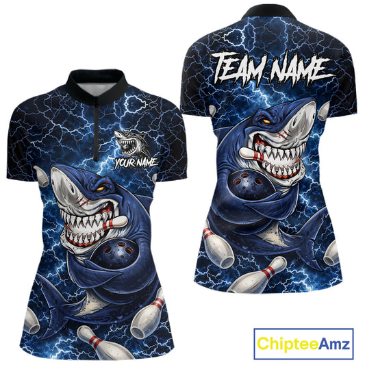 Blue Lightning Thunder Angry Shark Bowling shirts For Women Custom Shark Bowling Team Jerseys NQS11539
