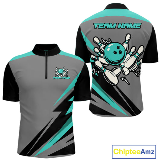 Personalized Gray and Turquoise Bowling Team Shirts For Men Custom Bowling Polo, Quarter Zip Shirts NQS10822
