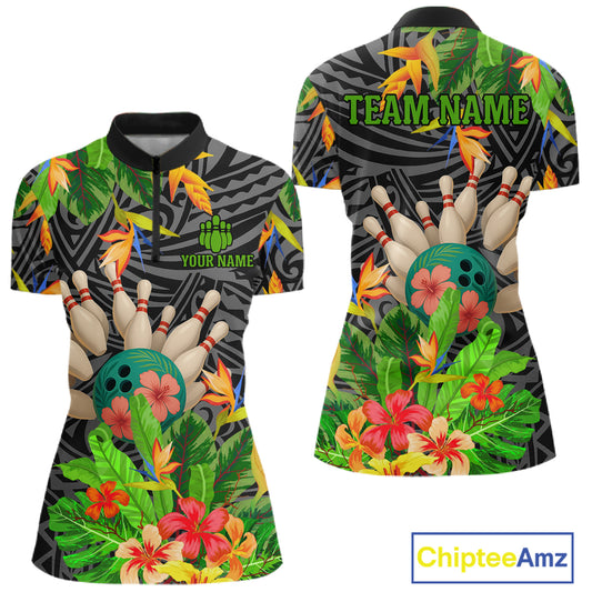 Green tropical flower tribal pattern Bowling Shirts For Women Custom Bowling Team Jerseys Outfit NQS11005