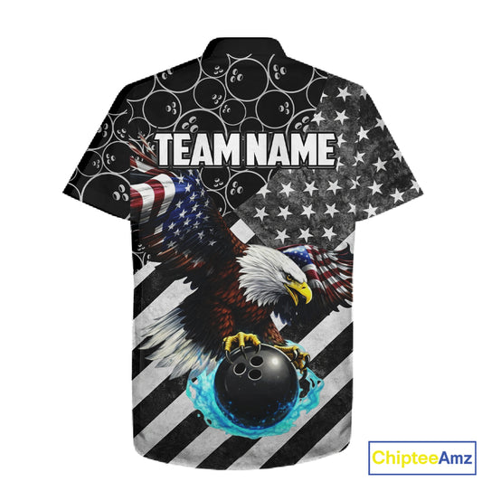 Black & White American flag Eagle Button-up bowling shirt custom Patriotic Bowling Team League Jersey NQS11424