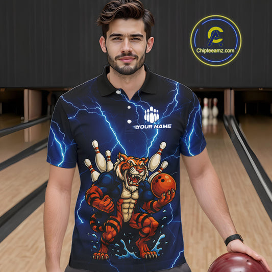 Personalized Tiger Bowling Team Shirts For Men, Blue Lightning Thunder Tiger Bowling Jerseys NQS11062