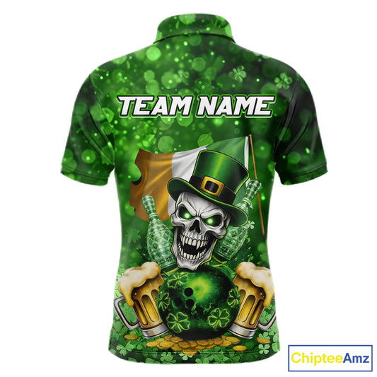 Custom Funny Skull Bowling and Beer Ireland Flag Green St Patrick Team Bowling Jerseys For Men NQS11484