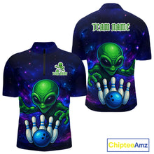 Load image into Gallery viewer, Funny Galaxy Alien Bowling Polo, 1/4 Zip Shirt For Men Custom Bowling Team Outfit, Gift For Bowler NQS10729