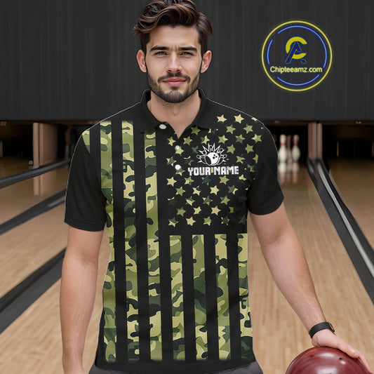 Black and Green Camo American Flag Bowling Shirts For Men Custom patriotic Bowling Team Jerseys NQS11177